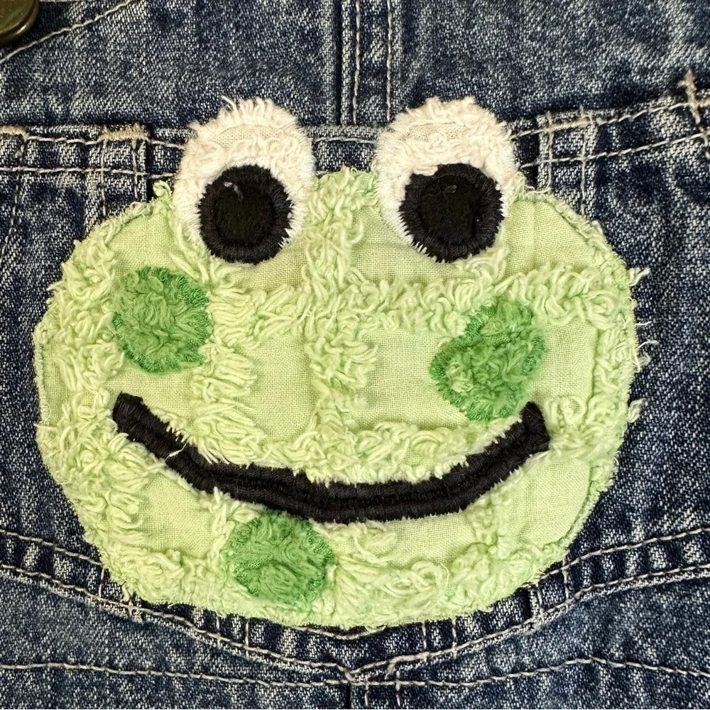 Boys 3T Frog Overalls Denim Chenille Patches Osh Kosh Bgosh Vest Back Blue Jean